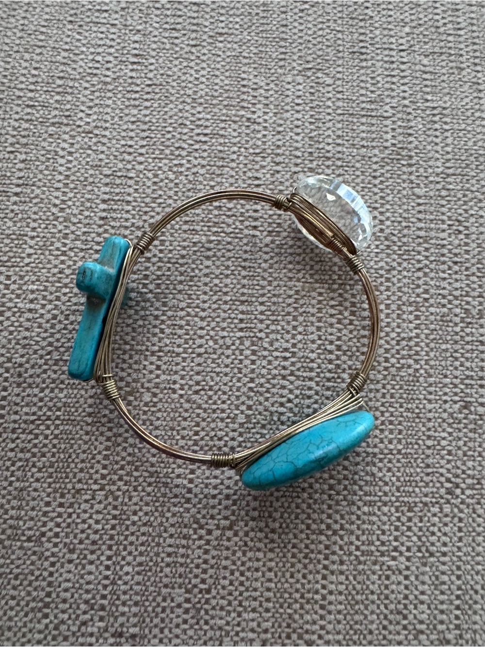 Turquoise, Cross, and Clear Stone Wire-Wrap Bangle Bracelet
